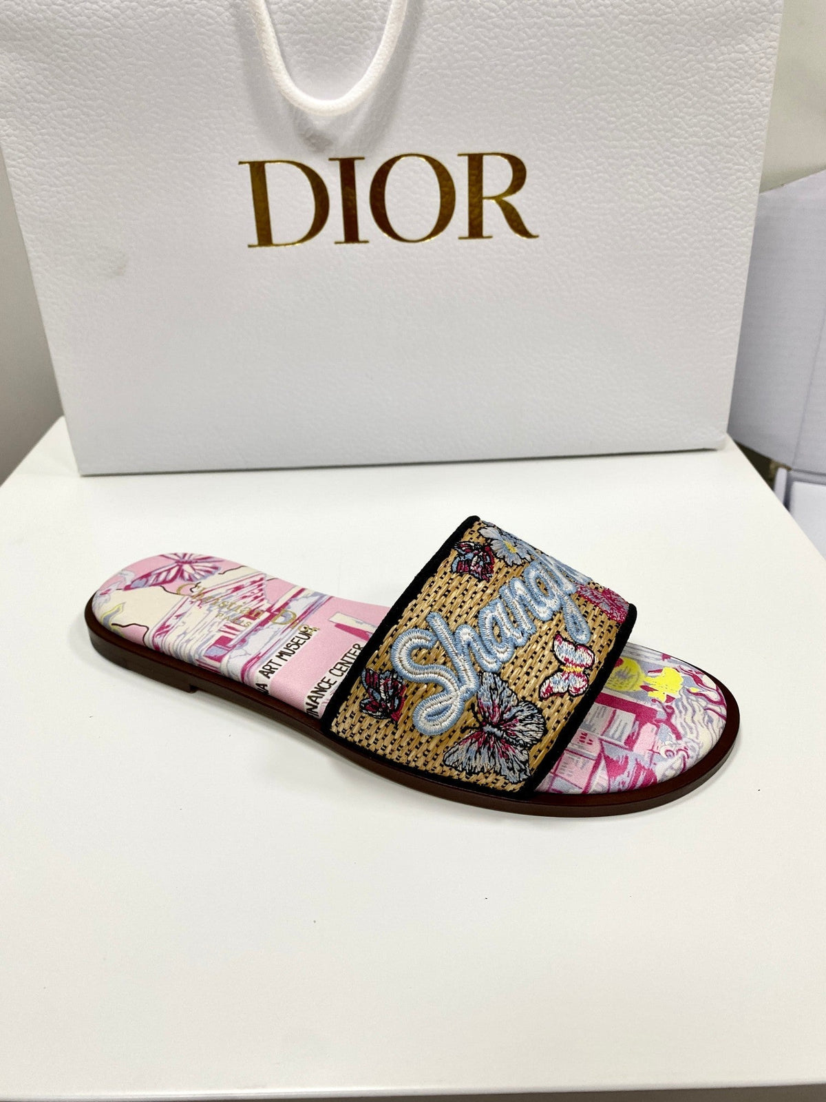 CD 26s Embroidered Sandals Pink Beige Multicolor Canvas Leather 683005