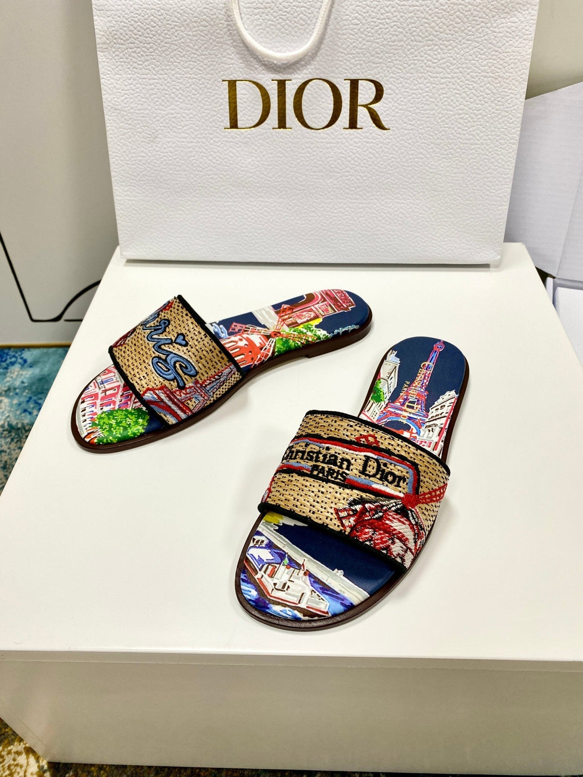 CD 26s Embroidered Sandals Beige Multicolor Canvas Leather 683009