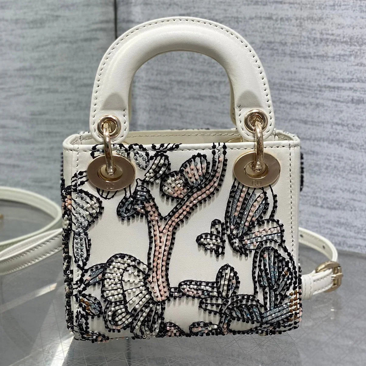 Dior 2026 Butterfly Embroidery Bag 12cm White Mix Color Leather 352067