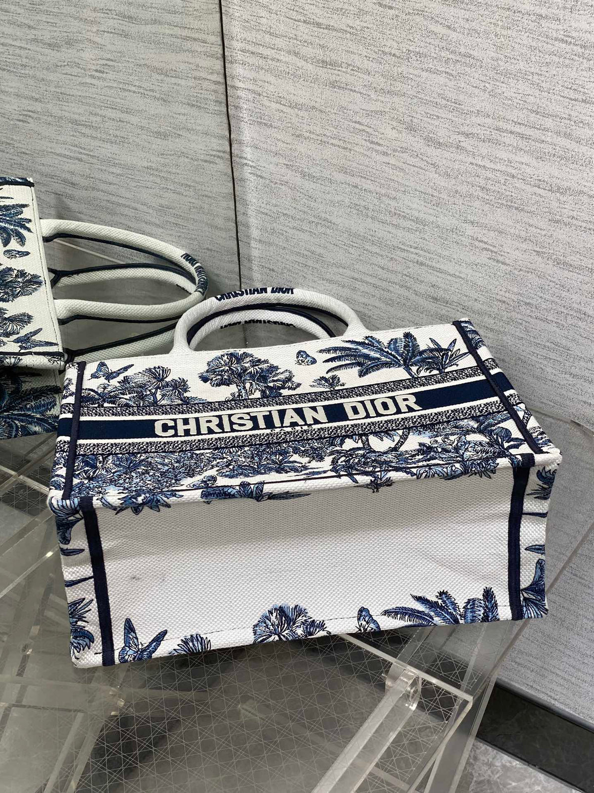 CD Medium Dior Book Tote Tropical Pattern Slate Blue White Black Cotton