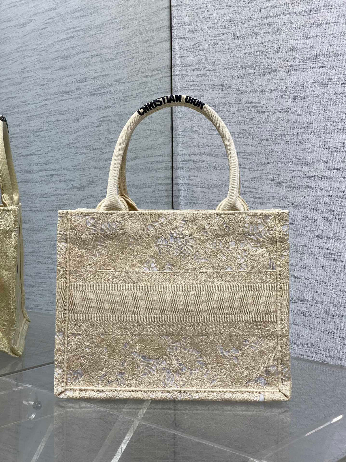 CD Small Dior Book Tote Scotland’s National Flower Pattern Beige Cotton