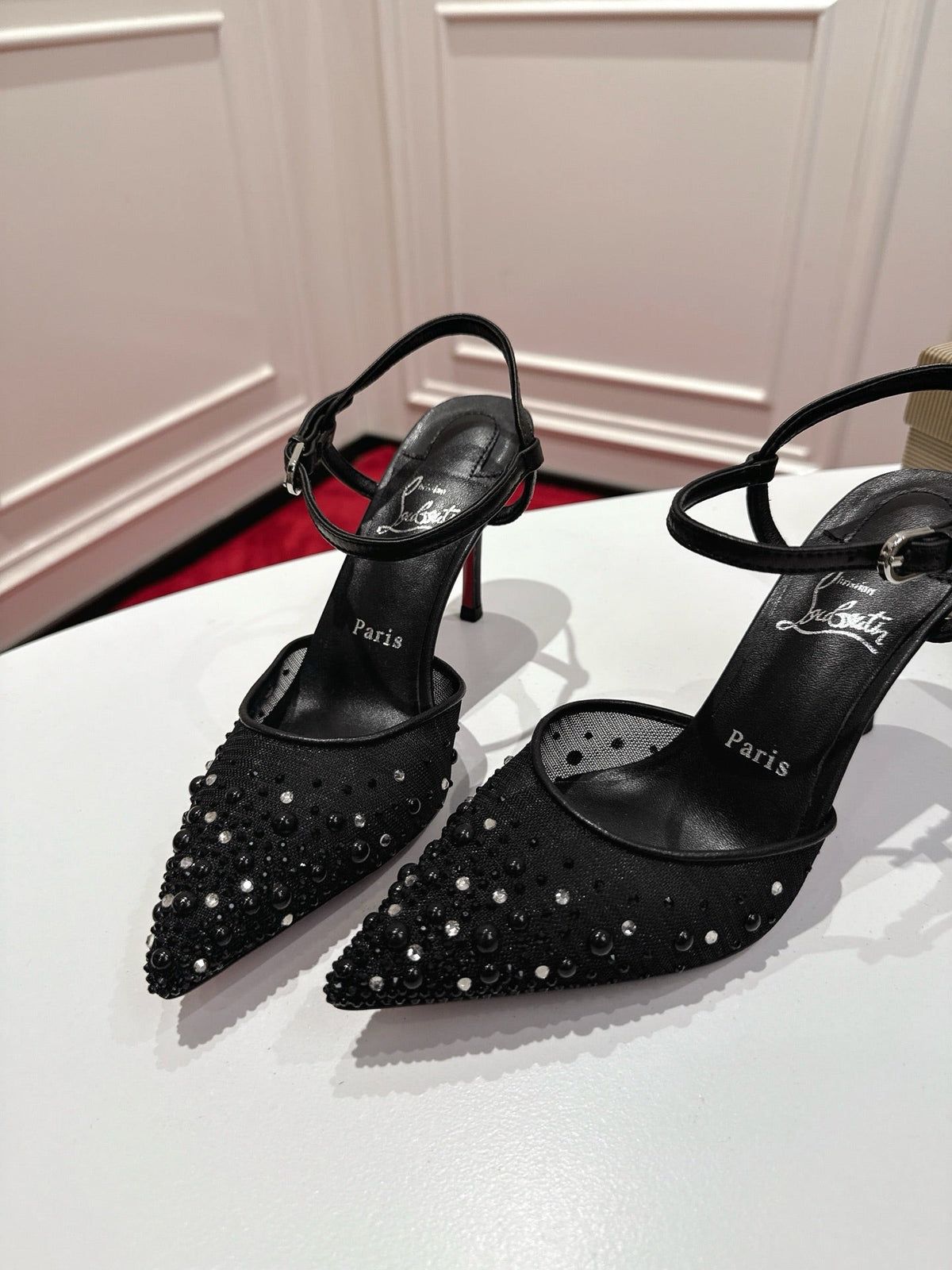 Christian Louboutin Miss Z Degrastrass Perla Slingback Pump Mesh Strass Leather 863574