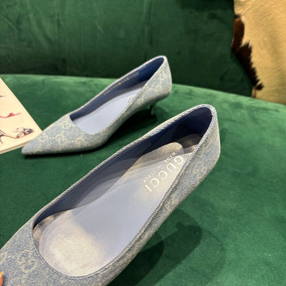 GG Pointed-Toe Slingback Light Blue Canvas 741264
