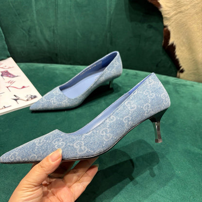 GG Pointed-Toe Slingback Light Blue Canvas 741264