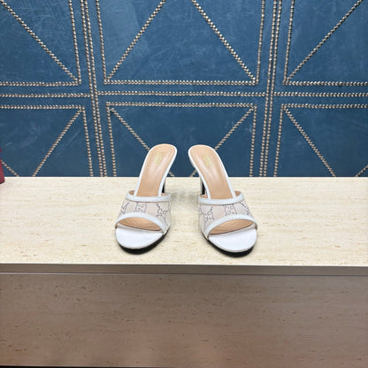 GG Women's Crystal Slide 8.5cm Sandal White Mesh Leather 741298