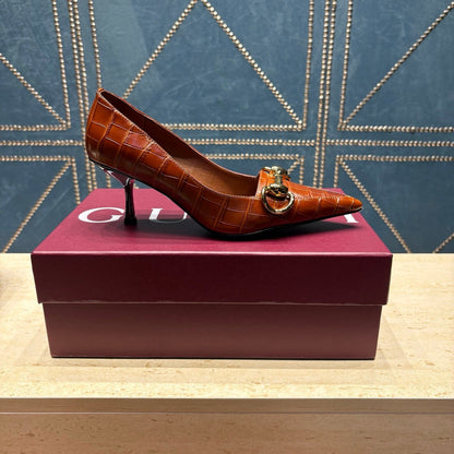 GG 26s Signoria Horsebit Pumps 7cm Rosso Ancora Leather 106951
