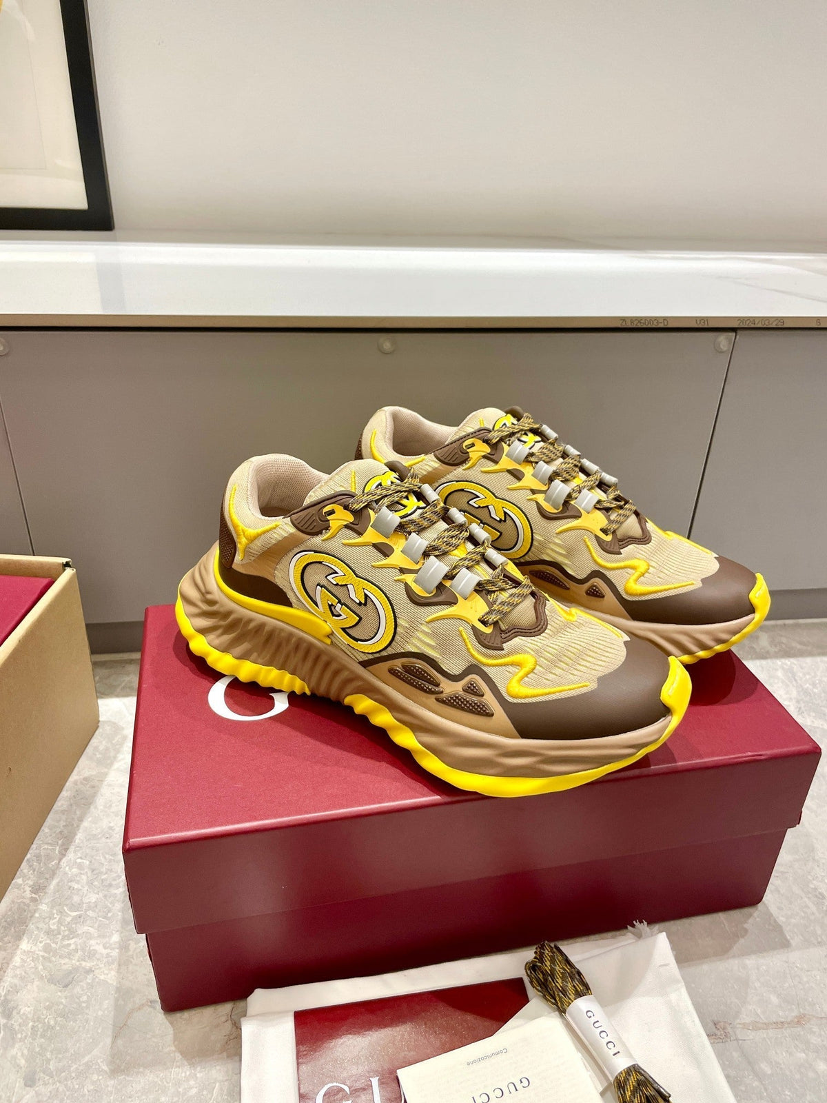 GG 26 Casual Sneakers Yellow Brown Mesh Cowhide 632859