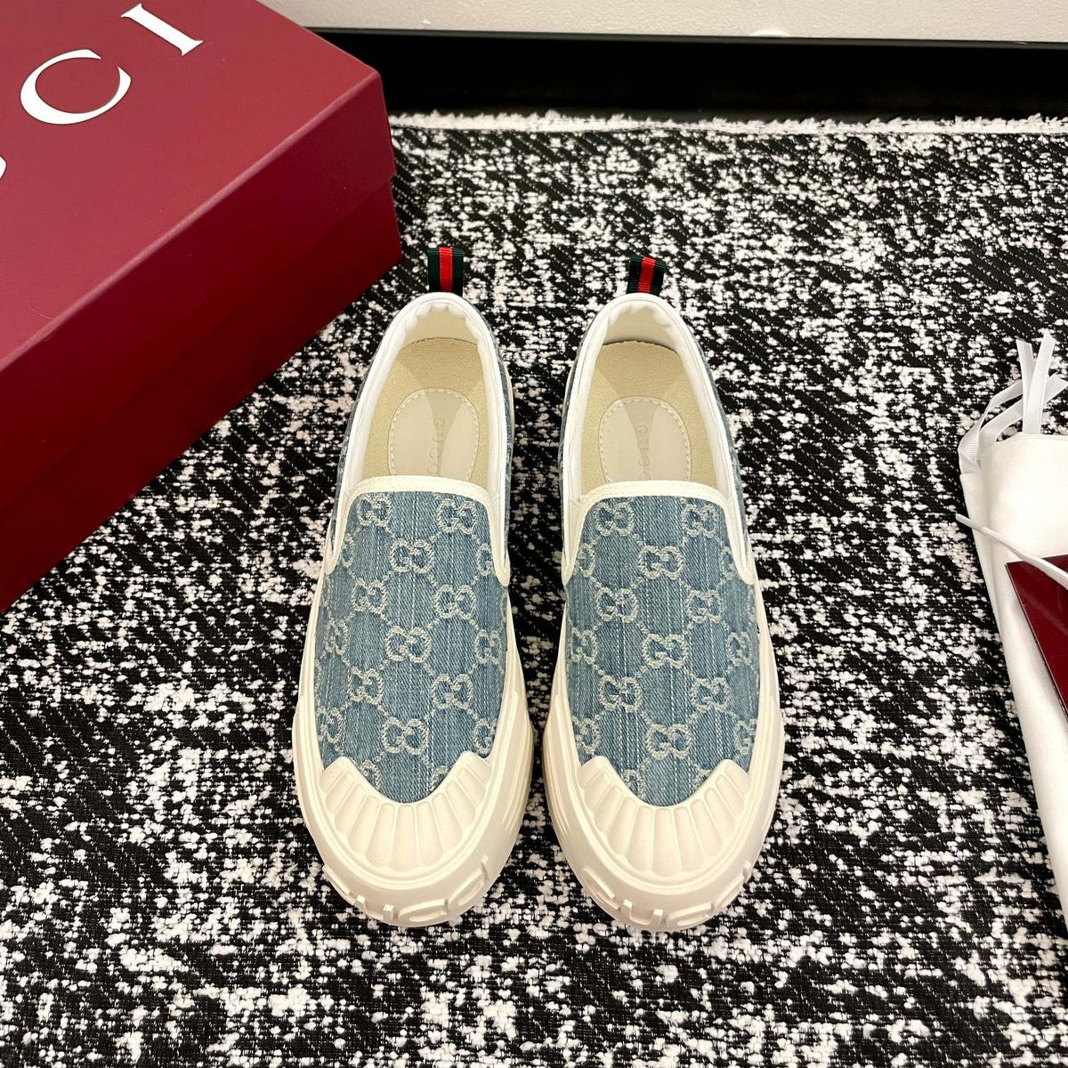 GG 26 Platform Loafers Light Blue White Monogram Denim 632827