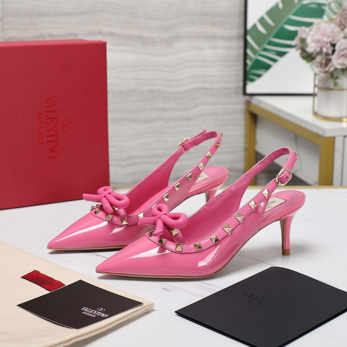 Valentino Rockstud Bow Slingback Fusca Pink Patent Leather Pump 60mm