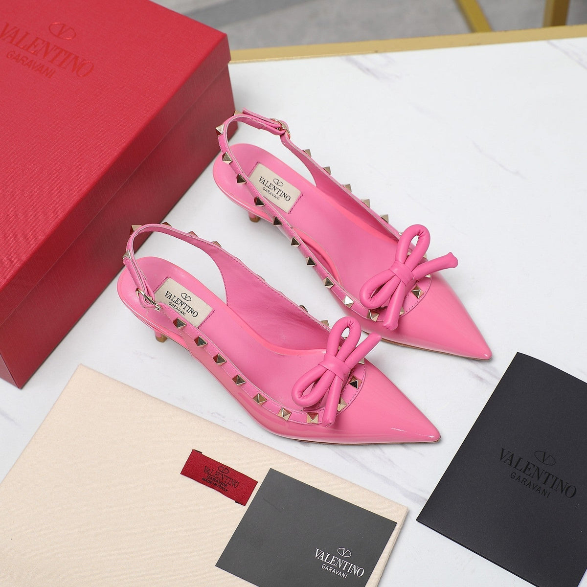 Valentino Rockstud Bow Slingback Fusca Pink Patent Leather Pump 60mm