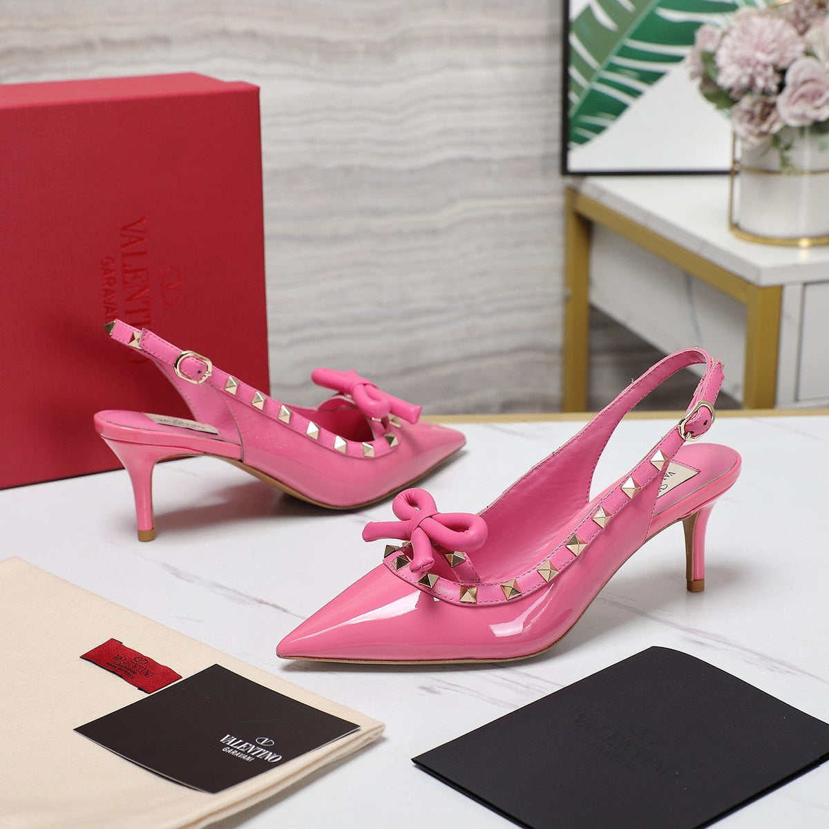 Valentino Rockstud Bow Slingback Fusca Pink Patent Leather Pump 60mm