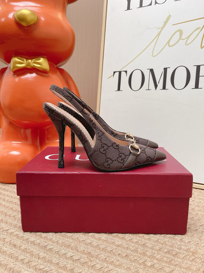 GG 26s Slingback Pump 10.5cm With Horsebit Coffee Leather Canvas 901311