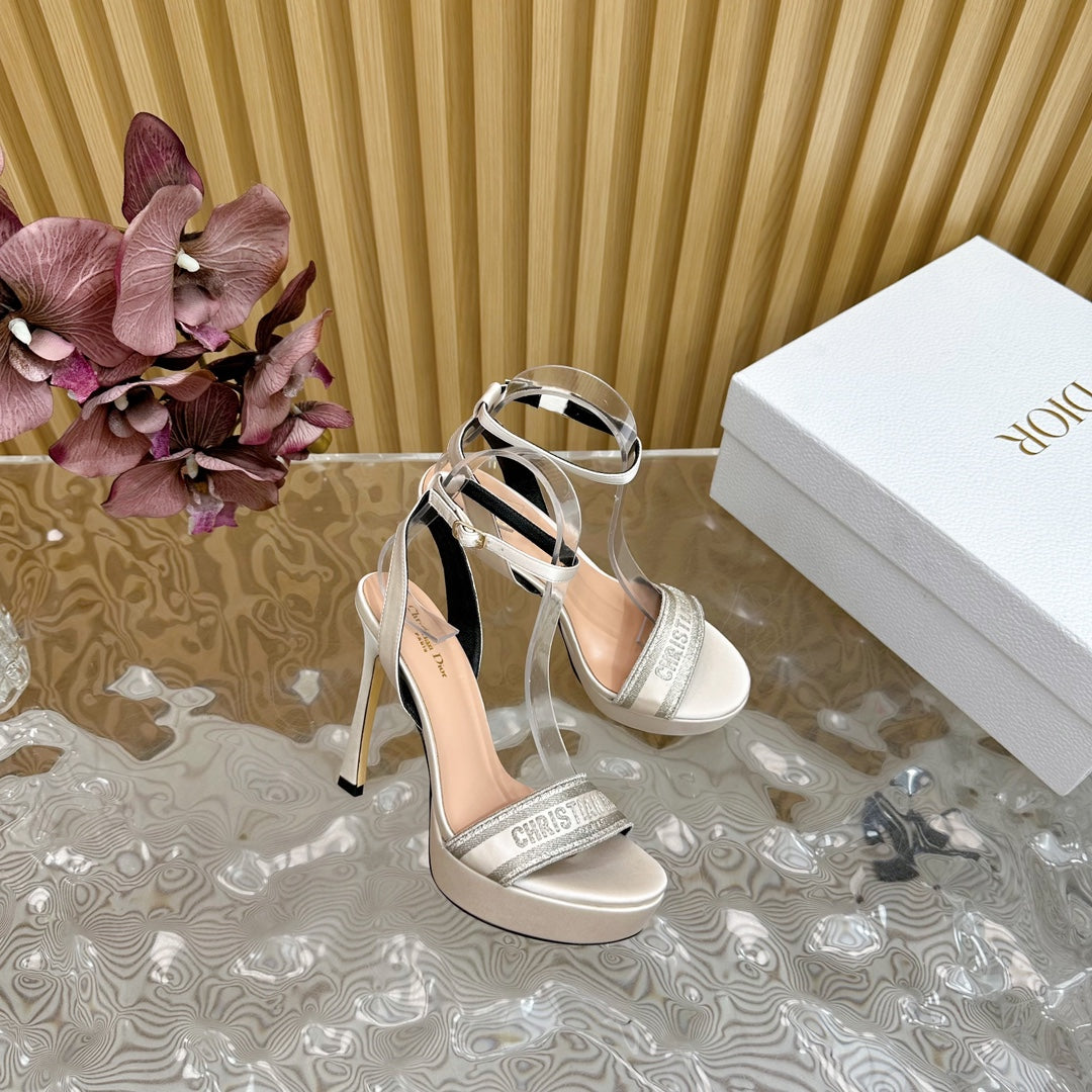 CD Dway Heeled Sandal 120mm White Grey Silk And Lambskin