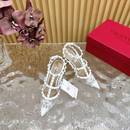 Rockstud Metallic Ankle Strap Pump 95mm White Lambskin And Lace Fabric 102093