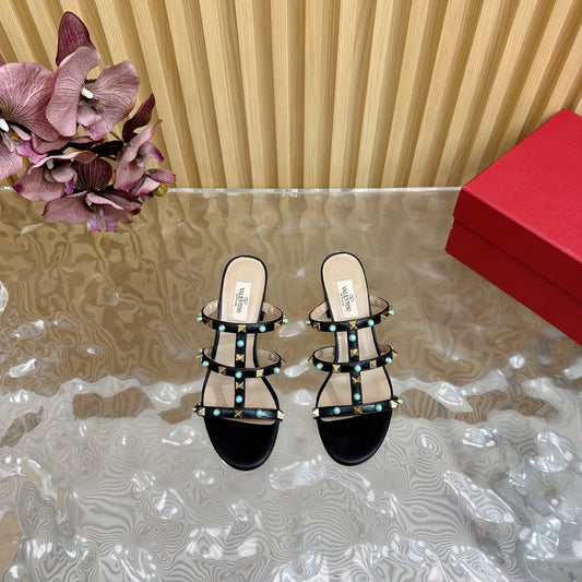 Rockstud Leather Caged Mule Sandals 60mm Black Sheepskin 307862
