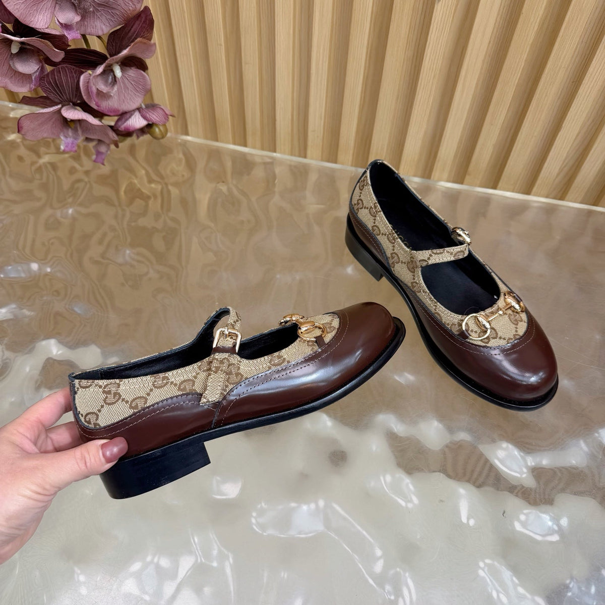 GG 26 Slip-on Brown Beige Sheepskin Double G Denim 589460