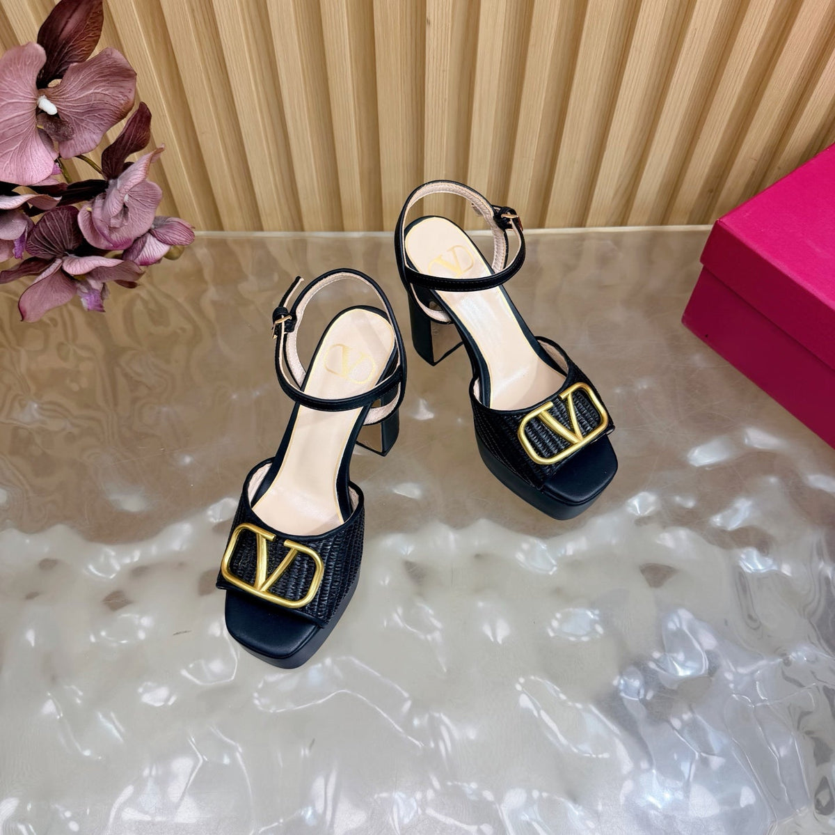 Valentino Signature Platform Sandal Black Leather Raffia 702266