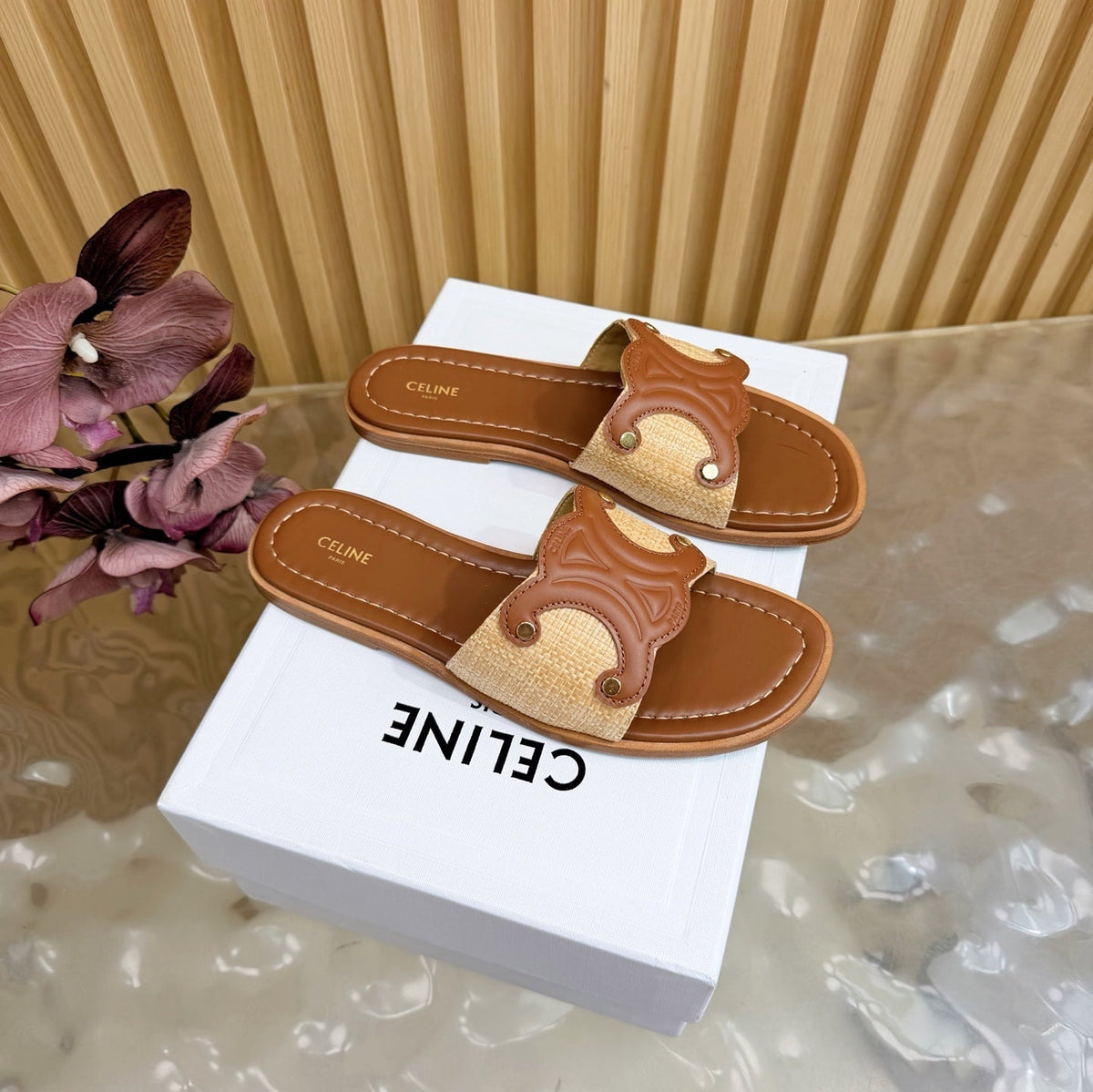 Celine 26  Triomphe Slide Sandals Leather 749443