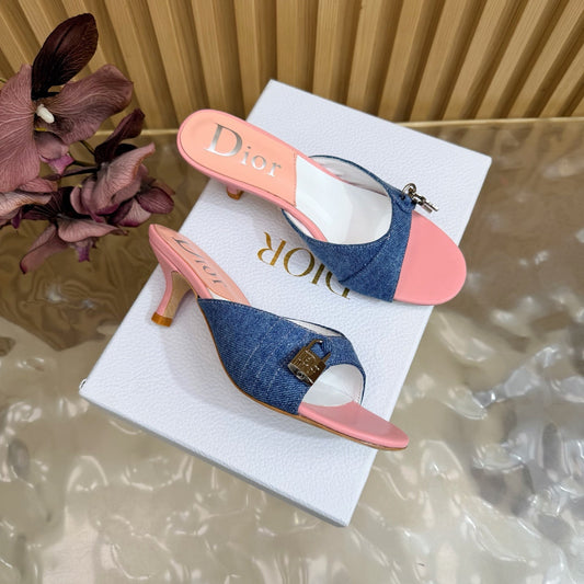 CD Half-Length Mule Heels Blue Pink Denim Leather 884812