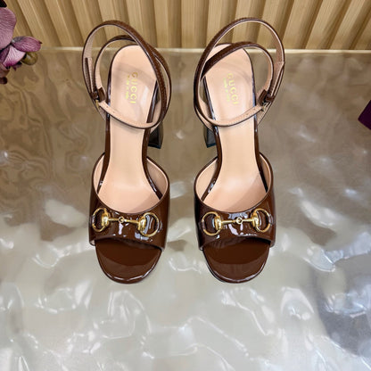 GG 26s Horsebit Platform Sandals 11cm Brown Patent Leather 886500
