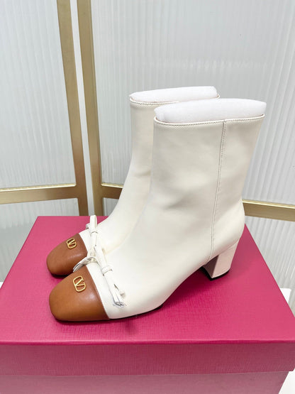 Valentino 2025 Bow Square Toe Zipper Ankle Boot White Brown Cowhide 549735