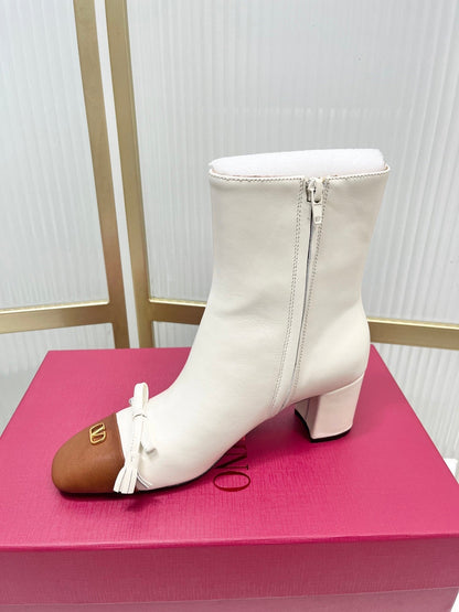 Valentino 2025 Bow Square Toe Zipper Ankle Boot White Brown Cowhide 549735