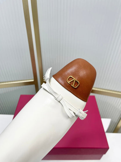 Valentino 2025 Bow Square Toe Zipper Ankle Boot White Brown Cowhide 549735