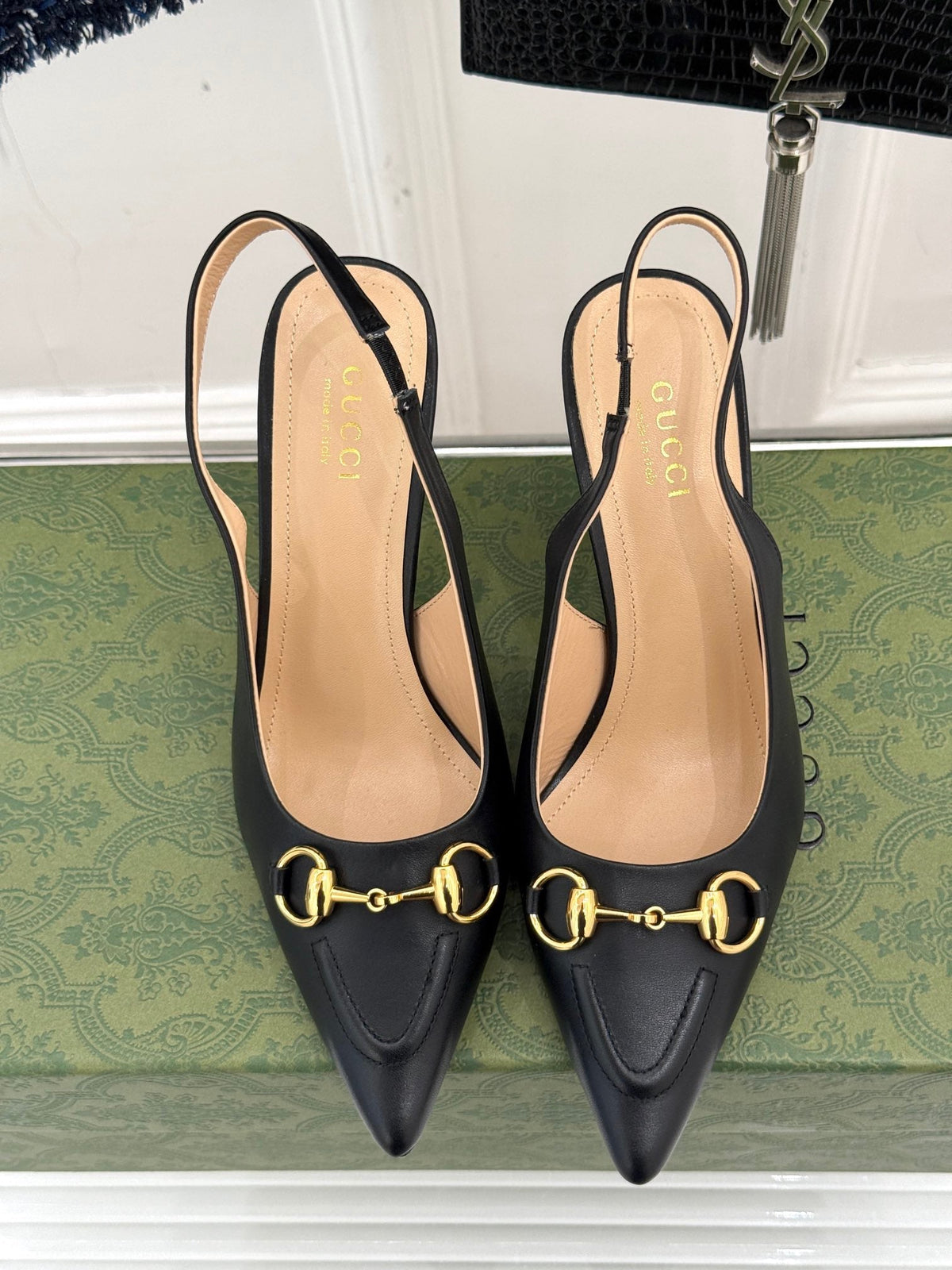 GG Horsebit Slingback 85MM Black Leather Point Toe