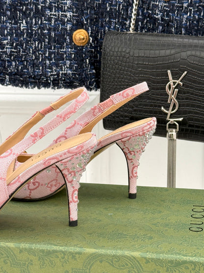 GG Horsebit Slingback 100MM Beige Pink Monogram Canvas Point Toe Crystal-Embellished