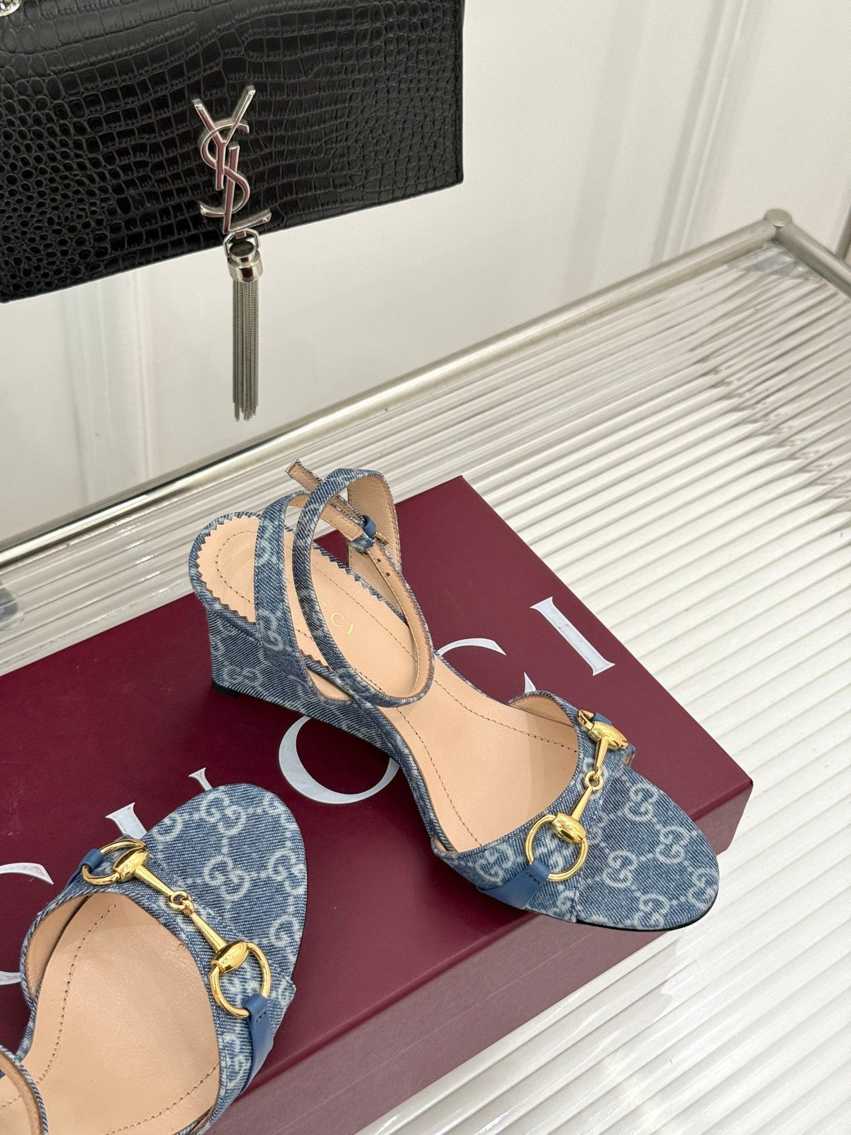 GG 26s Donna Wedge Sandal 8cm Blue Canvas 991735