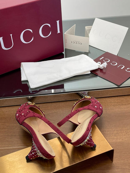 GG Horsebit Slingback 45MM Red Ebony Monogram Canvas Point Toe Crystal-Embellished