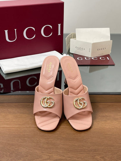 GG Canvas Mid-Heel Mules 7.5cm Light Pink Sheepskin 646479