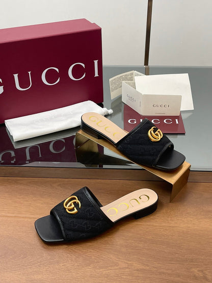 GG Matelasse Slide Sandals Black Canvas Sheepskin 646485