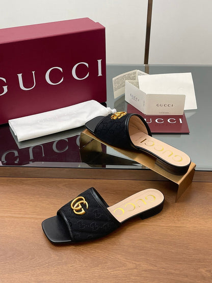 GG Matelasse Slide Sandals Black Canvas Sheepskin 646485