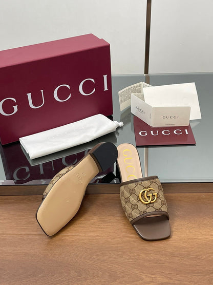GG Matelasse Slide Sandals Dark Brown Canvas Sheepskin 646488