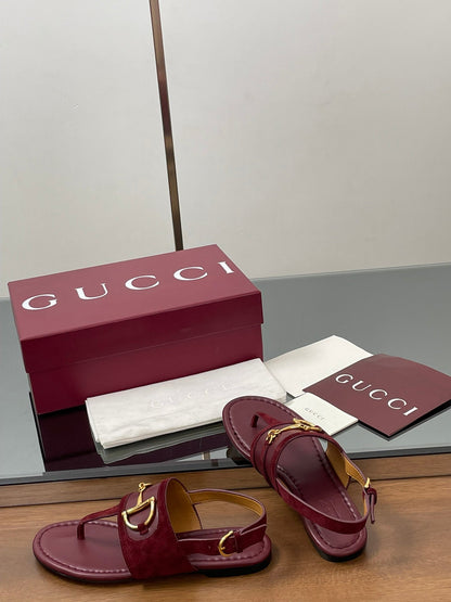GG Horsebit Thong Flat Sandals Burgundy Sheepskin Suede 646471