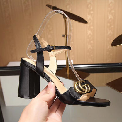 GG Marmont Ankle Strap Sandal 8cm Black Sheepskin 342564