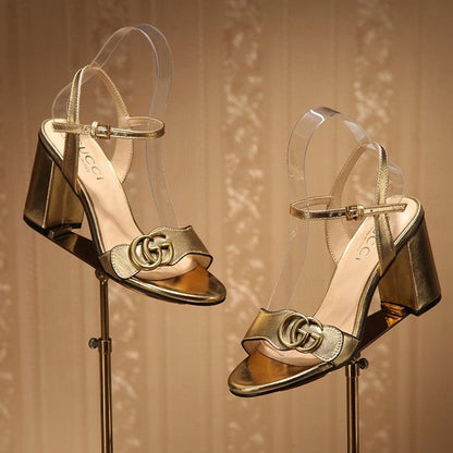 GG Marmont Ankle Strap Sandal 8cm Gold Sheepskin 342566