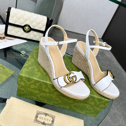 GG 26s Straw Platform Sandals 8cm White Leather 926709