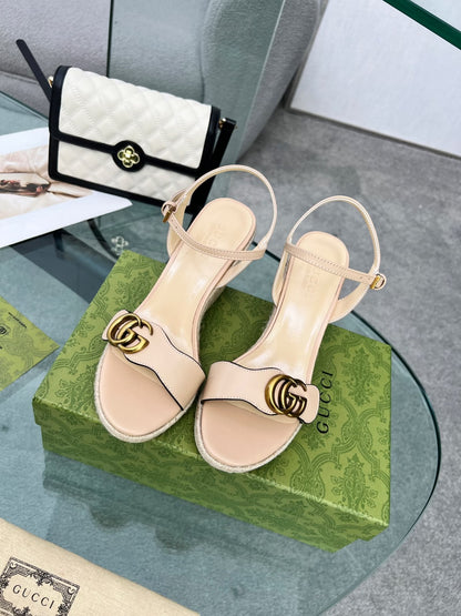 GG 26s Straw Platform Sandals 8cm Light Pink Leather 926713
