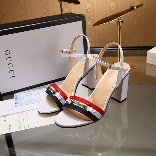 GG 26s Horsebit Sandals 8cm White Leather Canvas 926697
