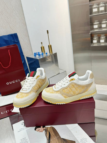 GG Re-Web Sneakers Light Yellow White Suede Cowhide Fabric 564718