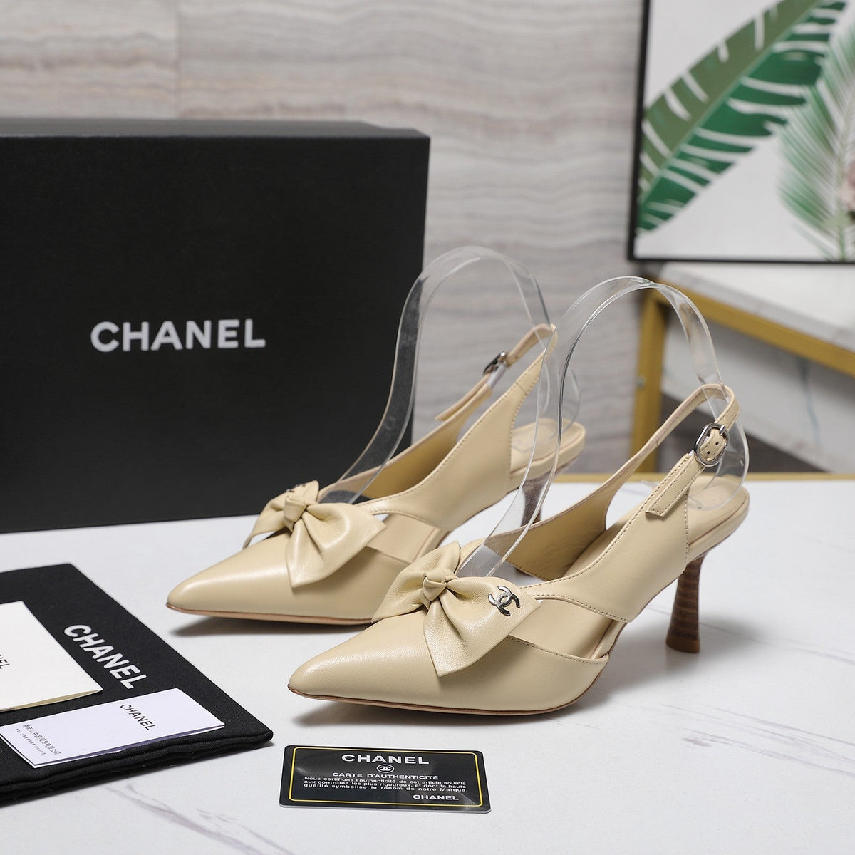 Chanel 2026 Bow Strappy High-Heeled Slingback 80mm Beige Cowhide 758436