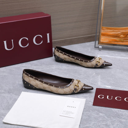 GG Savoy Ballerina Beige Brown Denim Leather 864281