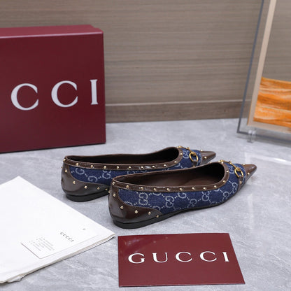 GG Savoy Ballerina Blue Brown Denim Leather 864282