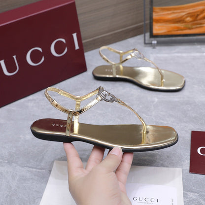 GG Thong Sandal With Interlocking G Gold Sheepskin 864295
