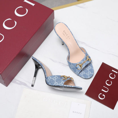 GG 26s Mules Crystal-Embellished Stiletto Heels Blue Canvas 961232