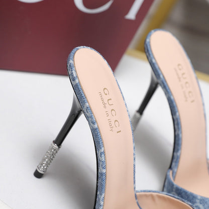 GG 26s Mules Crystal-Embellished Stiletto Heels Blue Canvas 961232