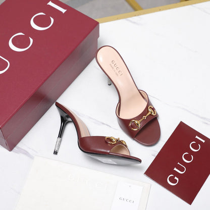 GG 26s Mules Crystal-Embellished Stiletto Heels Burgundy Calfskin 961236