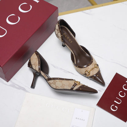 GG 26s Savoy Pumps Brown Beige Lambskin Canvas 961239